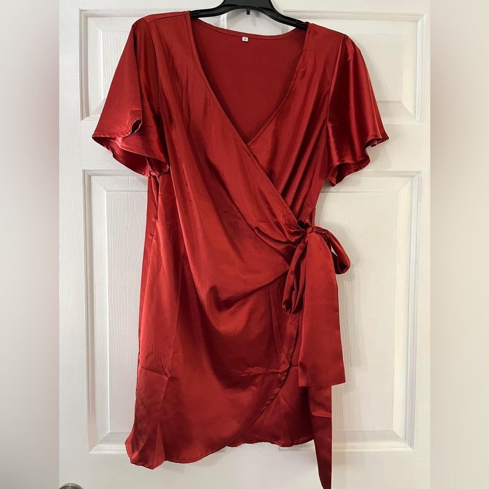 EUC shein rust copper wrap dress